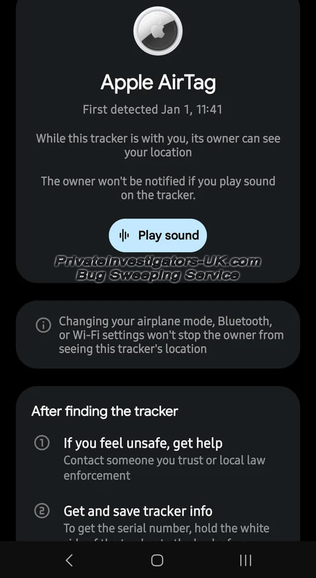 An Apple Airtag tracker alert on an Android device
