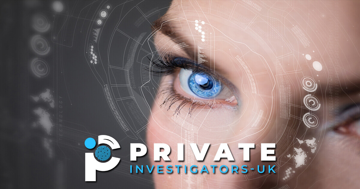 PrivateInvestigators-UK logo superimposed over a female with a retina scanner