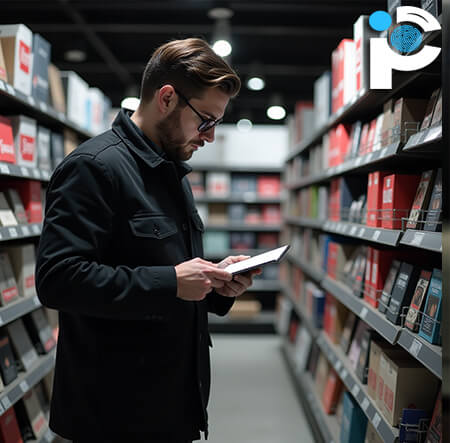 A man looking at a book inside a retail book shop