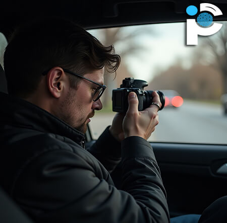 A private investigator taking photos from a car