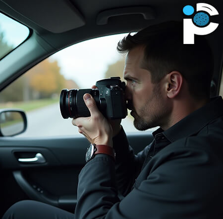 A private investigator taking photos from inside a car