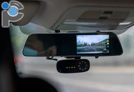 A dash camera mounted on a car windscreen with a display in the rear view mirror